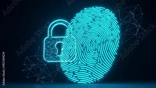 Glowing Fingerprint Digital Lock Symbolize Cyber Security On Dark Blue Background With Network Connections In The Background For Tech Data Protection Biometrics