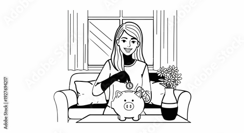 Woman putting coin in piggy bank on sofa, home interior