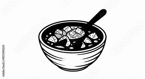 A black and white illustration of a bowl filled with soup and chunks of food