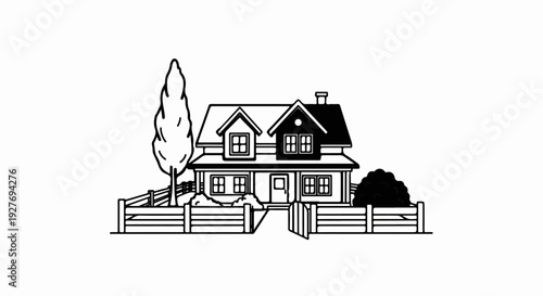 A black and white line drawing of a two-story house with a fence