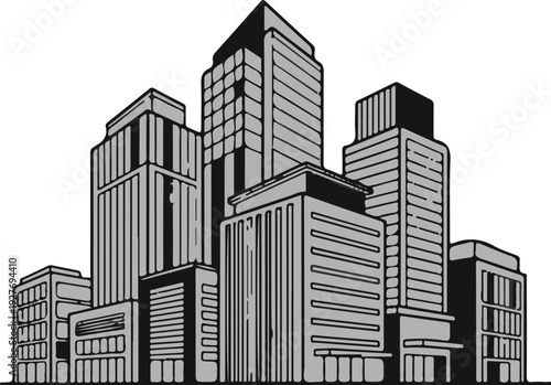 A monochromatic illustration depicts a dense cluster of tall, multi-story buildings