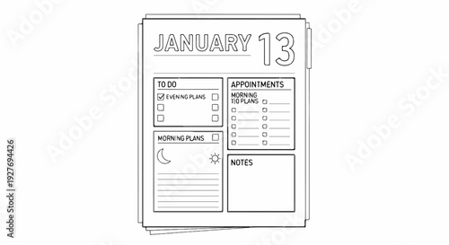 A planner page shows January 13 with sections for to-do, appointments, and notes