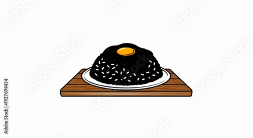 A pile of black rice with white grains, topped with a fried egg, on a plate