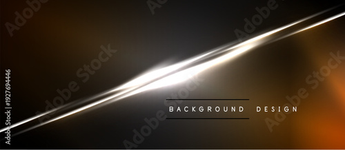 Dark abstract background features bright diagonal light streak. Warm orange hues blend into cool gray tones. Minimalist design elements present.