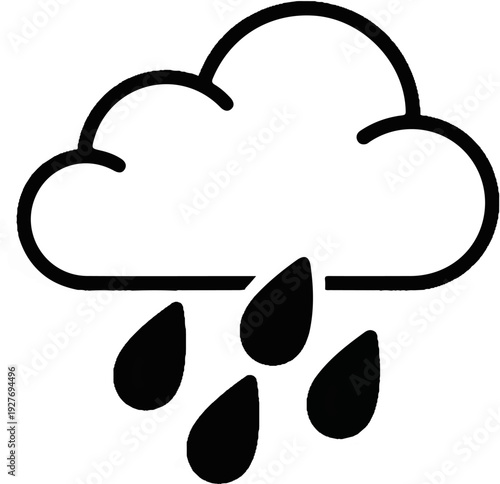 A simple black and white icon of a cloud with falling raindrops