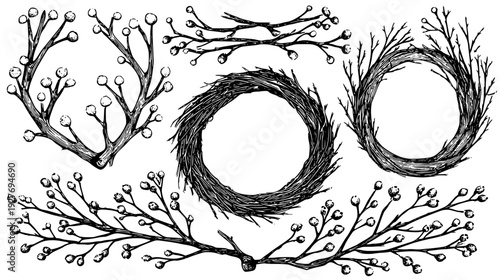 Rustic porch wreath kit with twigs and seasonal berry sprigs, vector set
