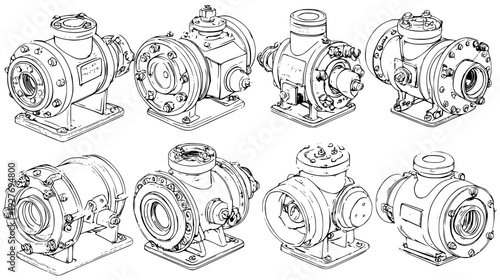 Steam fitting collection featuring connecting tubes and flanges, vector graphic set