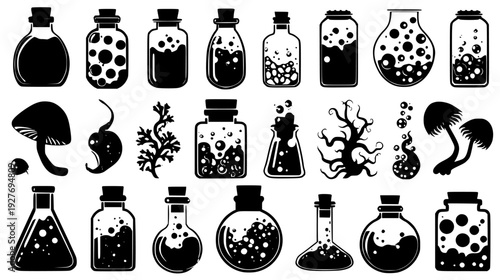 Transmutation bundle showcasing bubbling contents and symbols, vector set
