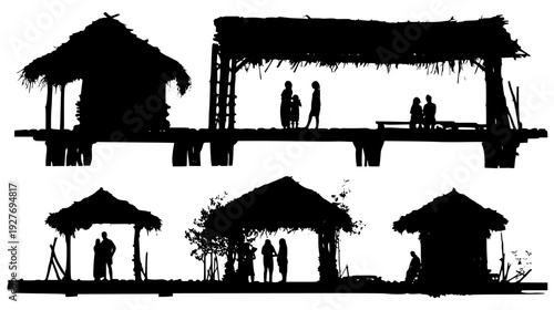 Stone dwelling family located beneath rustic wooden bridge structures, vector set