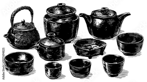 Traditional tea ceremony set with porcelain pots and tiny cups, vector graphic set