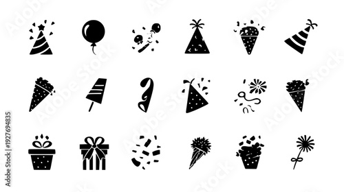 Victory celebration set with confetti and party popper icons, vector set