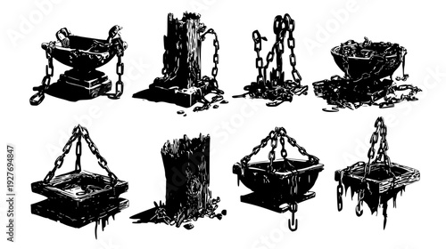 Vessel ruin collection featuring metal chains and wood, vector graphic set