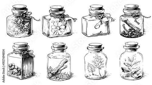 Wellness tonic set with natural ingredients and clear glass jars, vector graphic set