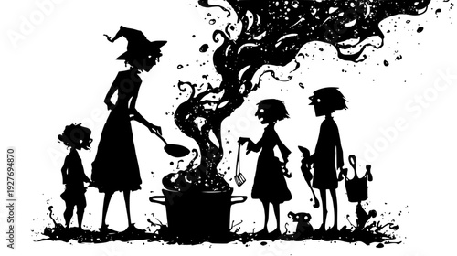 Witchy cooking scene family with thick vapors and embers, vector graphic set