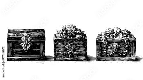 Wooden chest collection featuring iron locks and riches, vector graphic set