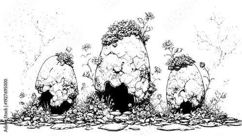 Beast egg family with mossy nests and glowing cracks, vector graphic set