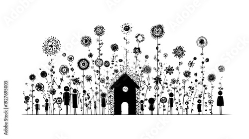 Bloom dwelling family with tiny furniture made of twigs and petals, illustration set