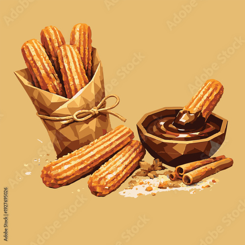 churros with low poly art, eps 10 illustration