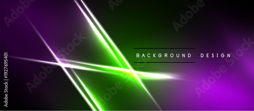 Abstract neon lines intersect purple, green gradients. Modern design element for digital projects, presentations. Bright illumination creates dynamic visual effect.