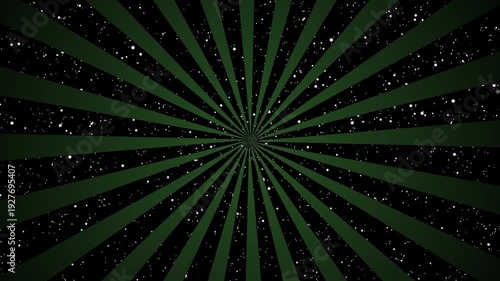 Seamless black and dark green rotating abstract radial Sunburst with stars background loop animation.