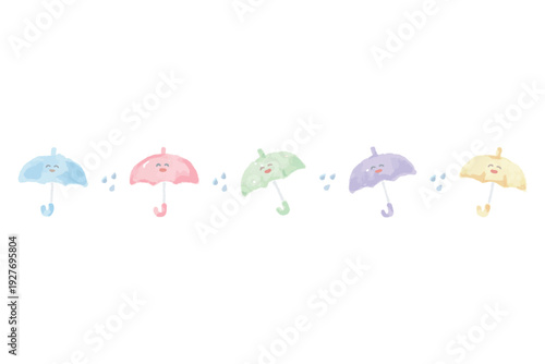 幼稚園・保育園向け 6月のやさしい水彩挿絵イラストシリーズ｜笑顔の傘のライン / June Watercolor Umbrella Divider Line Illustration