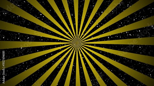 Seamless black and yellow rotating abstract radial Sunburst with stars background loop animation.