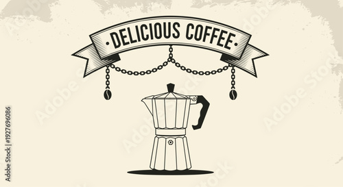 Vintage style logo design for a coffee shop featuring a classic moka pot brewer and coffee beans hanging from decorative chains on a banner.