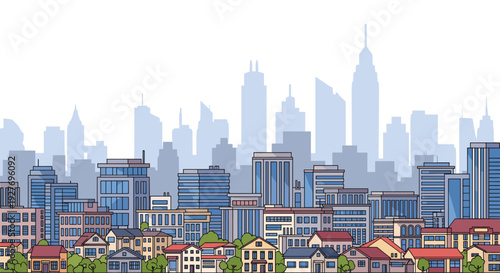 Urban landscape features a modern city skyline with skyscrapers and charming suburban houses along the bottom edge of the frame.