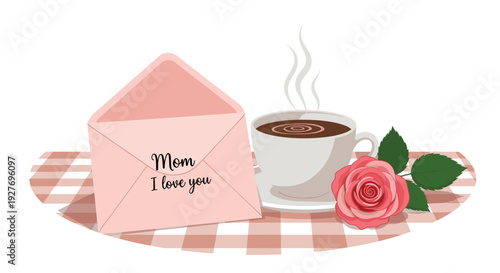 Beautiful Mother's Day arrangement includes a pink envelope with a heartfelt message, a cup of hot coffee, and a single pink rose on a table.