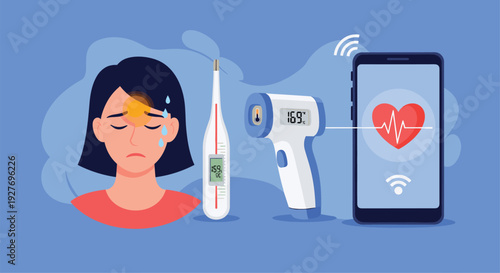Healthcare technology illustration depicts a woman with a fever being monitored by a thermometer and a mobile health app on a smartphone screen.