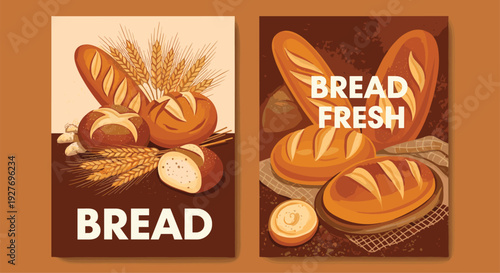 Pair of vintage style bakery posters showcase various types of freshly baked bread loaves and golden wheat stalks on a rustic brown background.