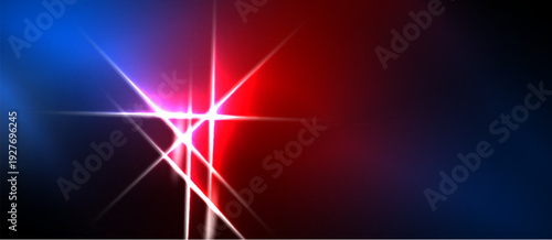 Bright starburst effect. Red, blue gradients blend into darkness. Dramatic light streaks radiate from central point. Intense visual impact.