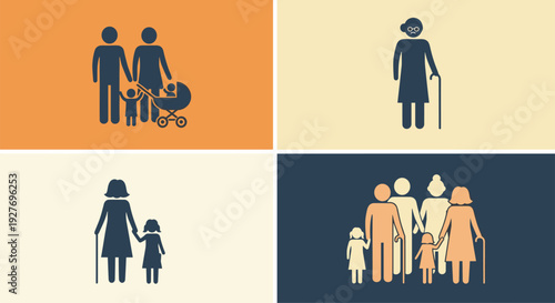 Four panels display silhouettes of different family types including parents with a baby stroller, an elderly woman, and a multi-generational group.
