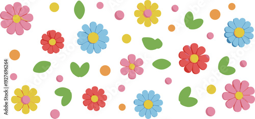  Cute Kawaii Floral Dots Vector Set with Bright Pink Blue Red Flowers Green Leaves and Polka Dots for Kids Nursery Fabric Wallpaper and Playful