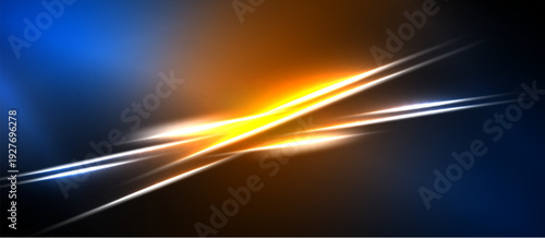 Abstract energy streaks, vibrant blue, orange hues. Dynamic composition, glowing lines create intense visual impact. Modern digital art.