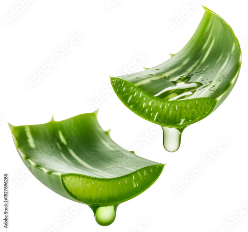 aloe vera slices with gel and water droplets on white background
