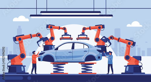 Automated automotive factory features robotic arms assembling a car body while human technicians monitor the manufacturing process in a plant.