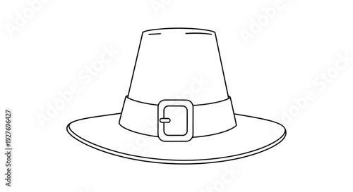 Simple black and white line drawing of a traditional pilgrim hat with a buckle is presented as a clean vector icon on a white background.