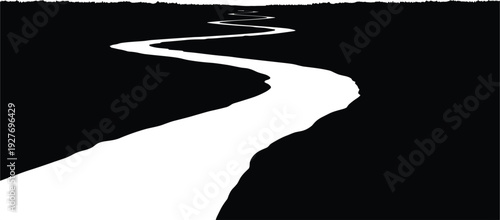  Minimalist Black and White Winding River Silhouette Vector Illustration with Curved Flow Path and Jagged Horizon for Journey Nature Mystery and Abstract Designs