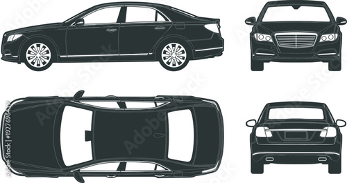Black sedan car silhouette illustrations shown from four angles including side, front, rear, and top views, ideal for automotive design, technical illustration, and vehicle projectsb