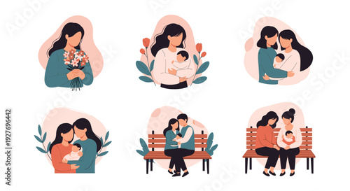 Collection of heartfelt illustrations depicts various mothers tenderly holding and caring for their babies and children in different settings.