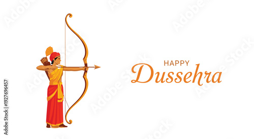 Traditional illustration for the Hindu festival of Dussehra features Lord Rama aiming his bow and arrow against a clean white background.