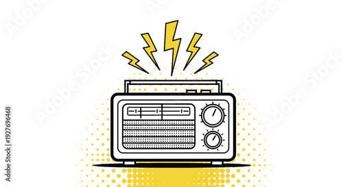 Retro radio receiver is shown with bright yellow lightning bolts signifying sound waves or a broadcast signal against a halftone background.
