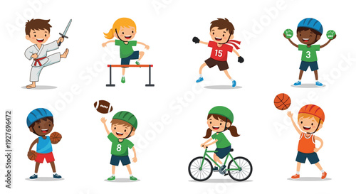 Diverse group of young children participates in various sports and physical activities including basketball, cycling, football, and martial arts.