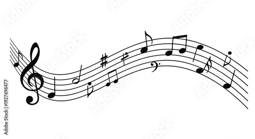 Classic musical staff with a treble clef and various black notes flows in a graceful wave across a plain white background in this vector art.