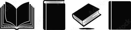  Minimalist Black Book Icons Vector Set with Open Closed Upright Angled and Flat Variations for Reading Library Education and Publishing