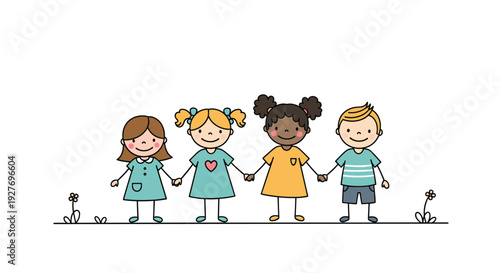 Four children of different backgrounds hold hands while standing together in a row as a symbol of friendship, unity, and global diversity.