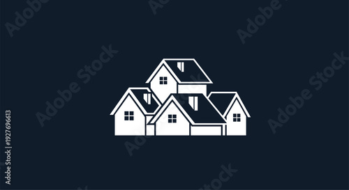 Group of small houses is shown as a simple white silhouette on a dark blue background representing a neighborhood or residential community.