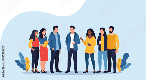 Diverse group of young men and women stand together and engage in conversation in a casual setting against a soft blue and white background.