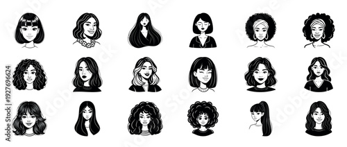 Diverse female portraits in black and white illustrations
